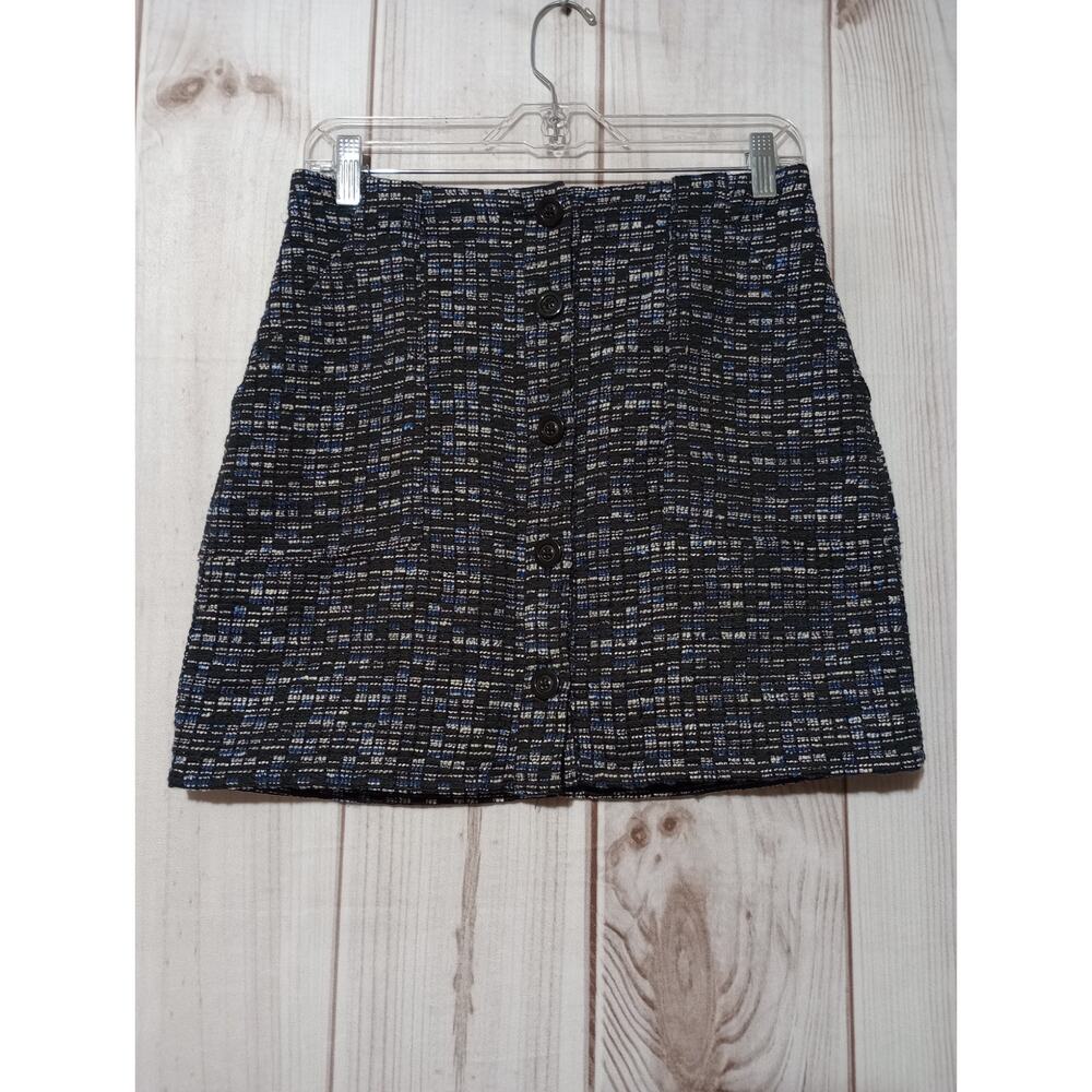 Banana Republic Tweed Mini Skirt Black Blue Button Front Size‎ 0
